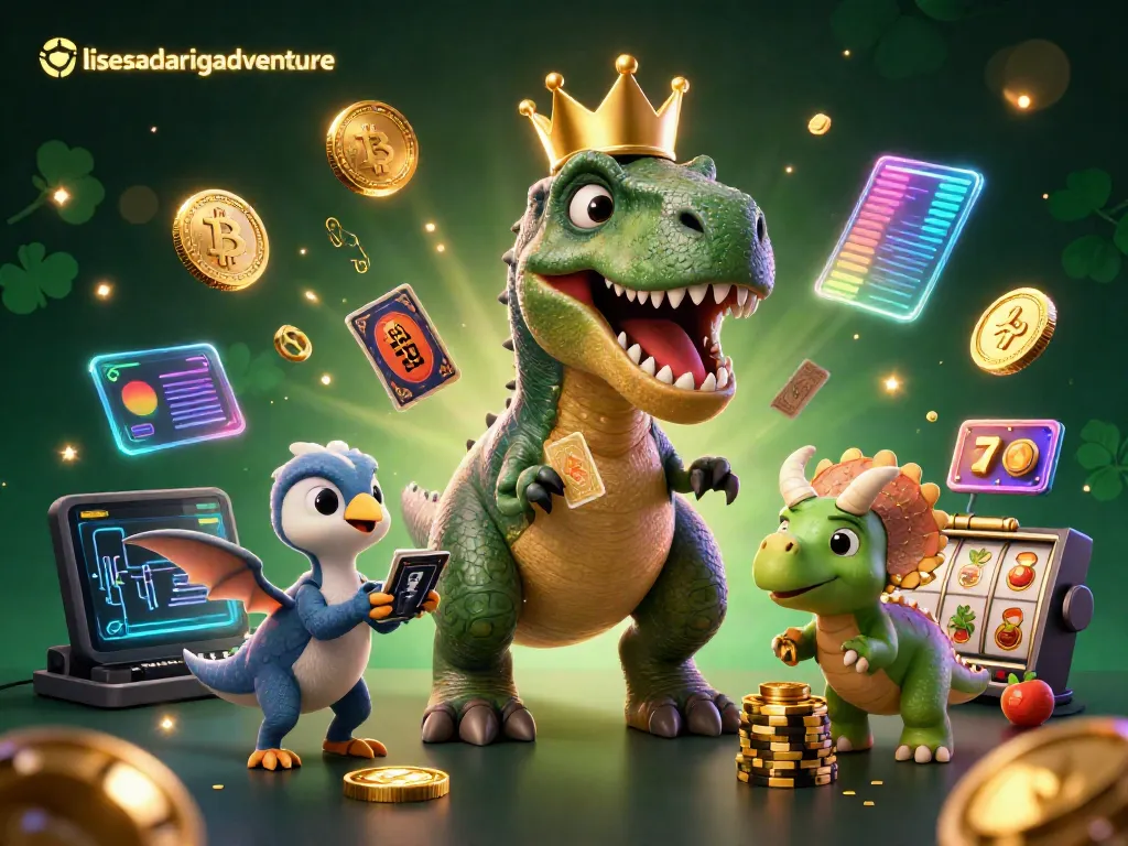 Permanian togel di lifesadaringadventure menampilkan T-Rex dan pterodactyl dengan koin Bitcoin dan Ethereum.