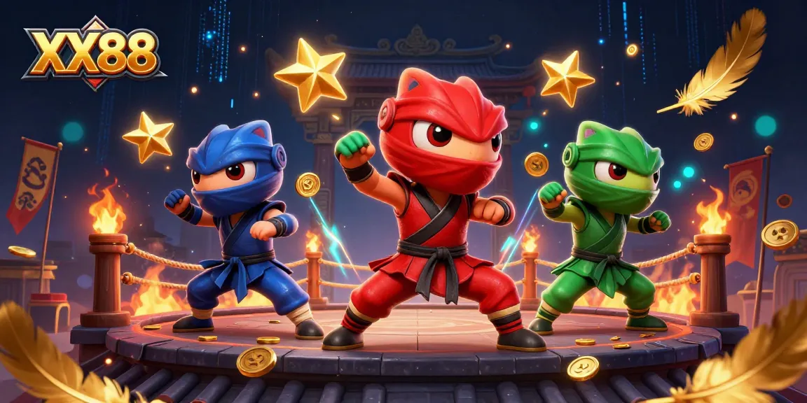 Experience thrilling gameplay at XX88 with ninja chameleons in a vibrant casino setting.
