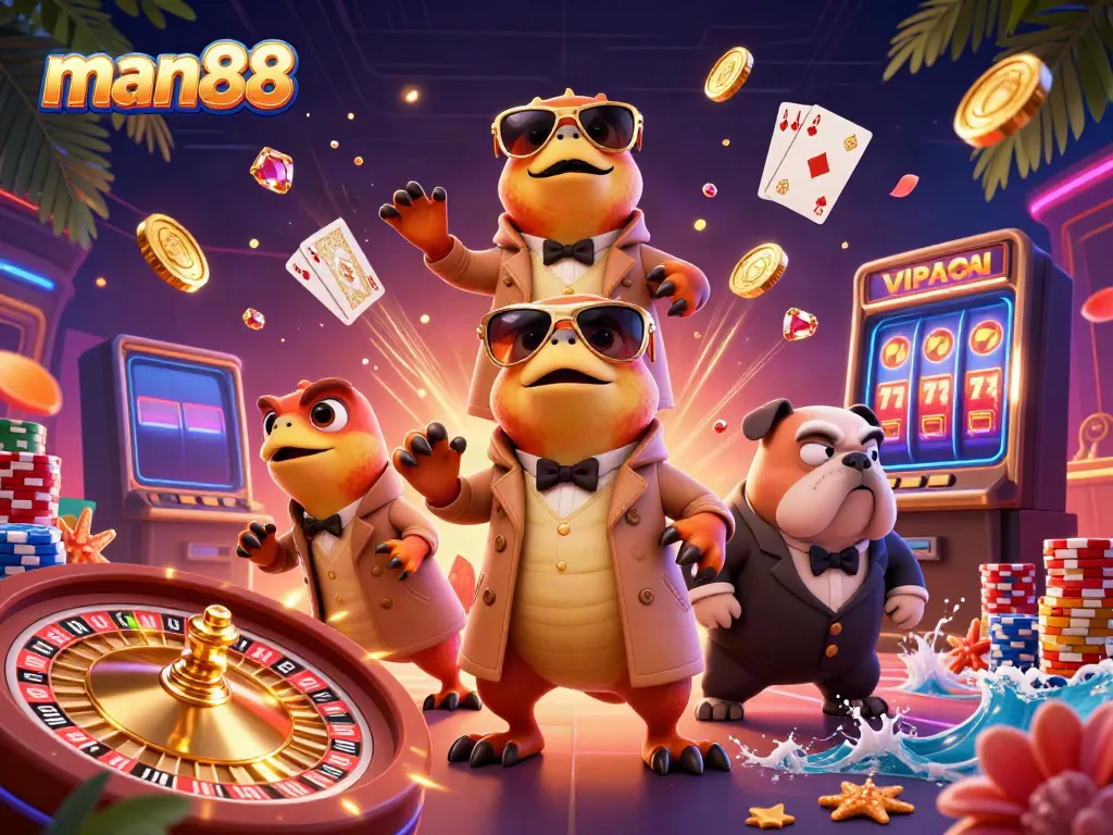 Experience thrilling VIP access at man88 casino with raptors disguised in a trench coat, sparkling gems, and golden coins.
