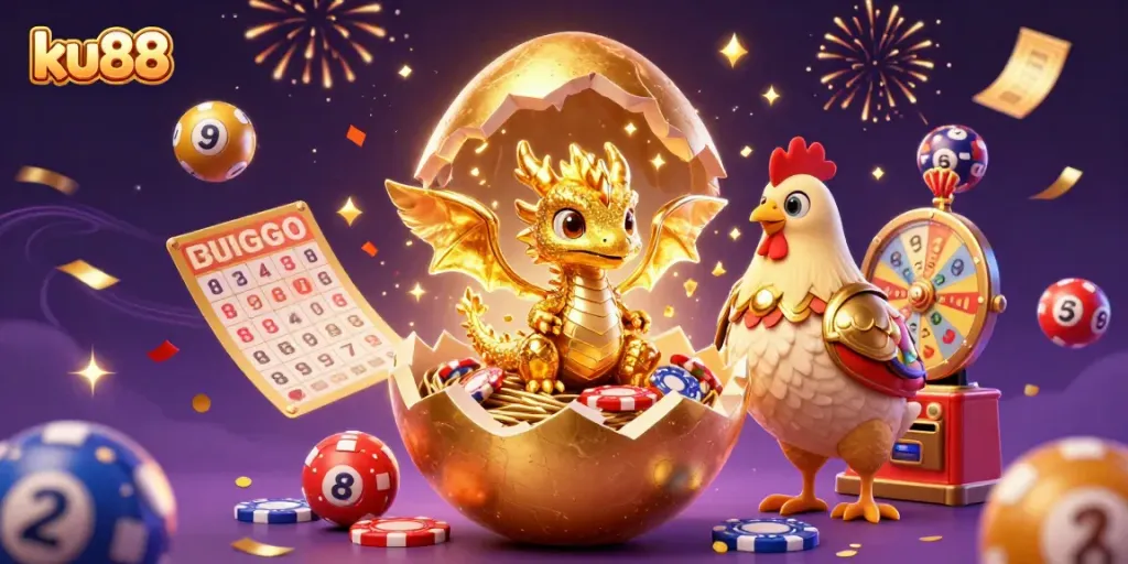 Experience excitement with ku88's dragon-themed casino illustration, featuring vibrant prize elements and dynamic energy.