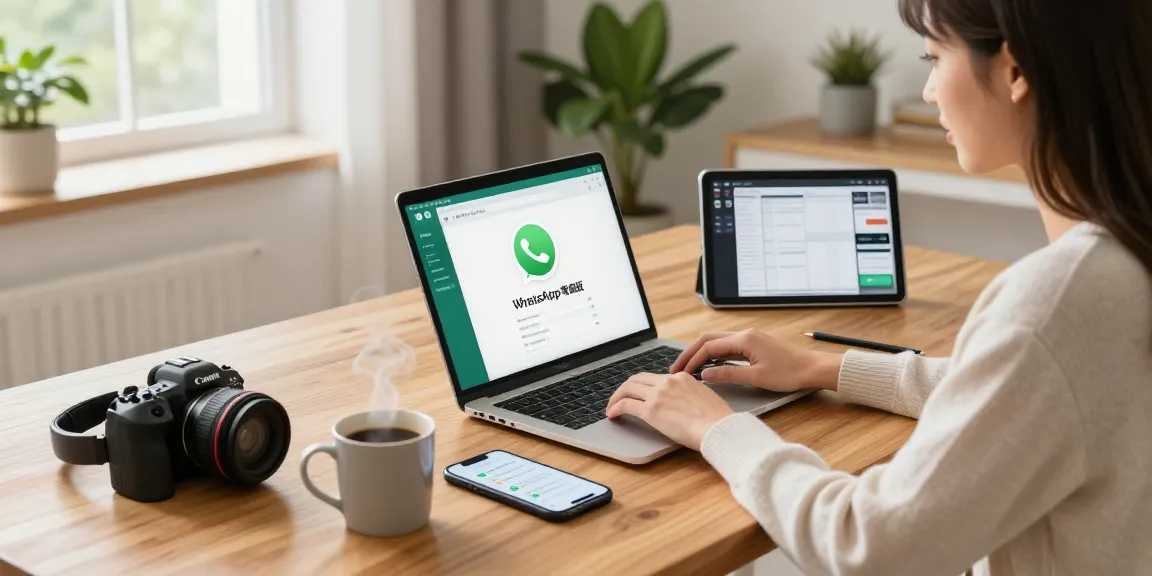 Engaged professional using WhatsApp電腦版 on laptop in modern home office.