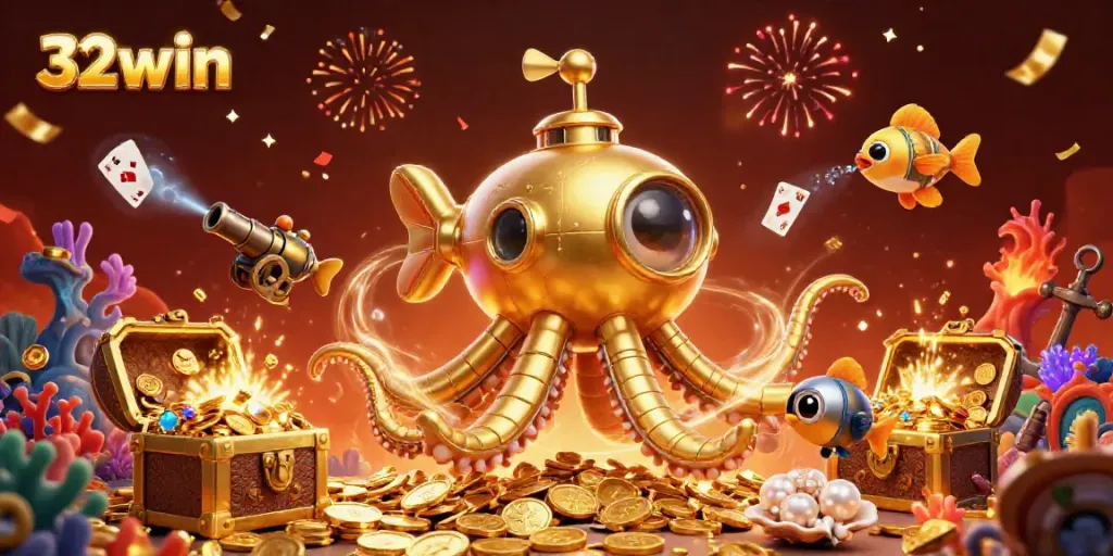 Delve into excitement with 32win in a vibrant underwater casino scene filled with treasures and gambling elements.