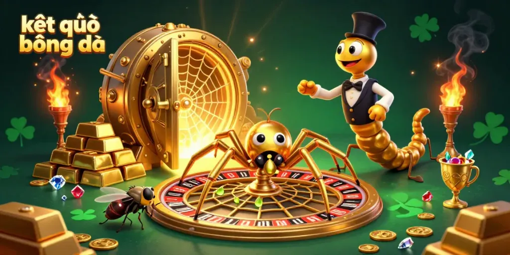 Experience thrilling kết quả bóng đá as a golden spider spins a roulette web, surrounded by treasure.