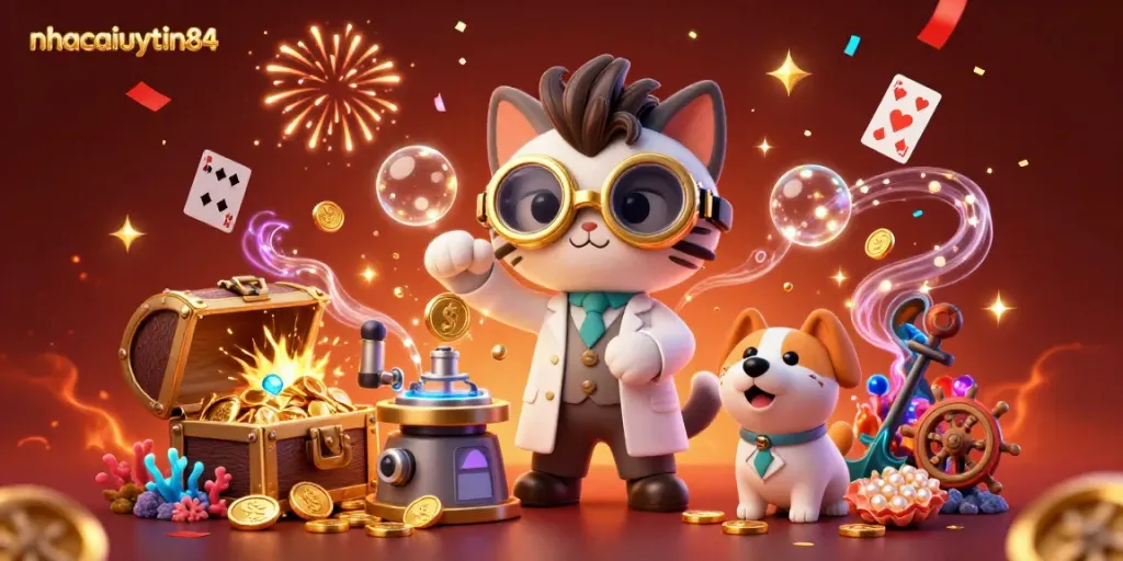 Engaging 3D scene of nhacaiuytin84 with a mad scientist cat and lab assistant creating winning strategies with gold coins.