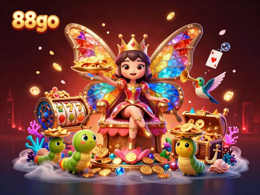 Experience the vibrant world of 88go with a cartoon butterfly queen surrounded by casino-themed treasures and game elements.
