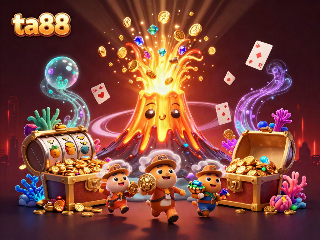 Experience the thrill of ta88 with an erupting golden volcano and treasure-filled underwater scene in vibrant colors.