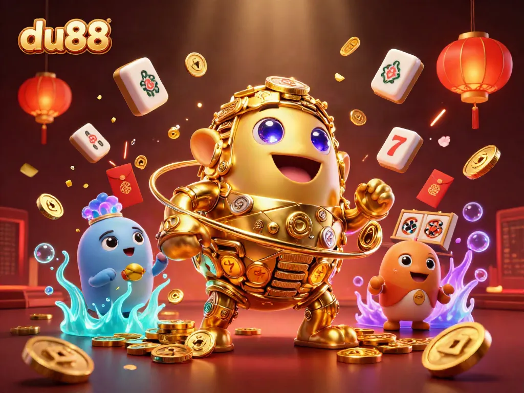 Engage with thrilling du88 casino adventures featuring a magical golden golem surrounded by vibrant game symbols.
