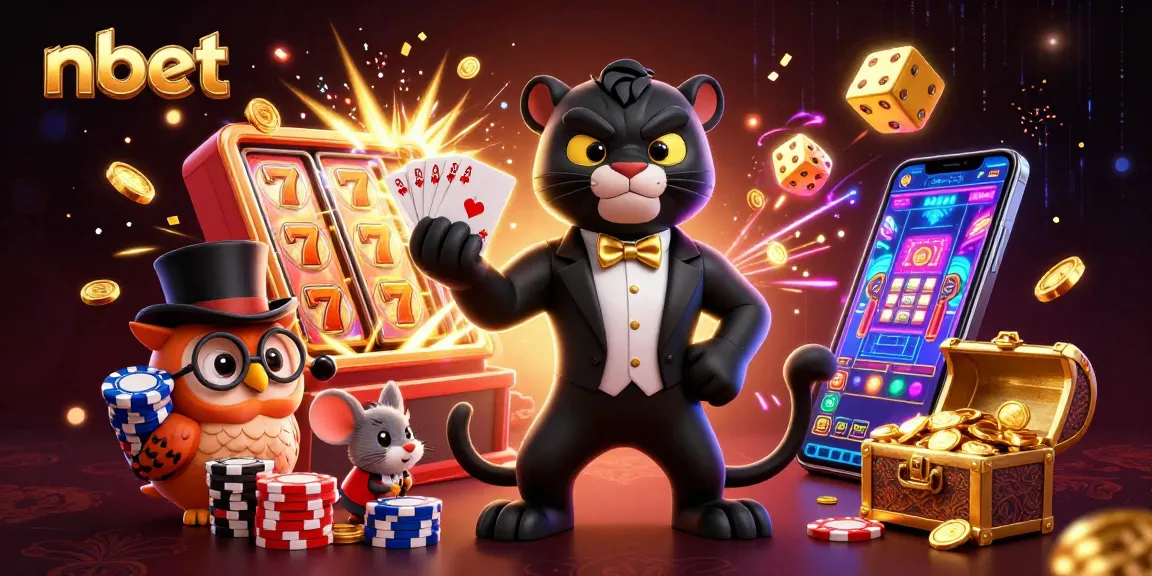 nbet showcases a stylish black panther dealing cards amidst a jackpot explosion in an ultra-detailed 3D casino scene.