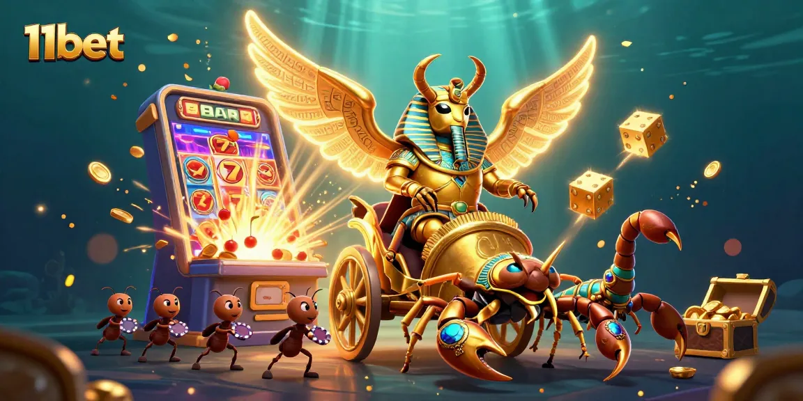 Experience excitement at 11bet with a golden scarab beetle in pharaoh armor amidst a jackpot explosion.