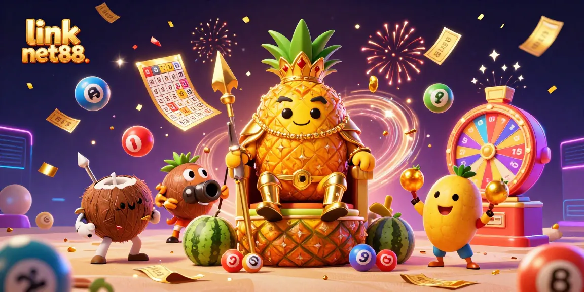 Engage with the vibrant world of link net88 as the golden pineapple king oversees a dynamic casino scene filled with celebration.