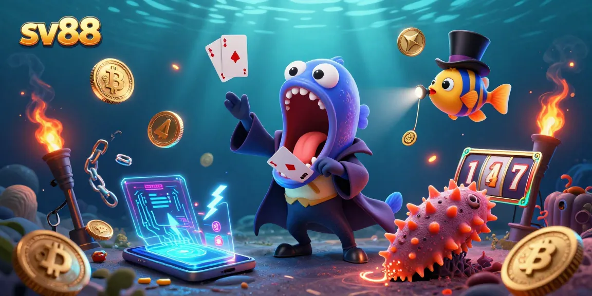 Watch the sv88 magic display with a gulper eel magician and anglerfish in a vibrant casino scene.