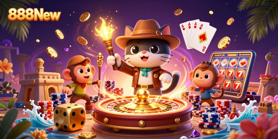 Play exciting games at 888New where the cat explorer discovers treasures amidst cascading winnings.