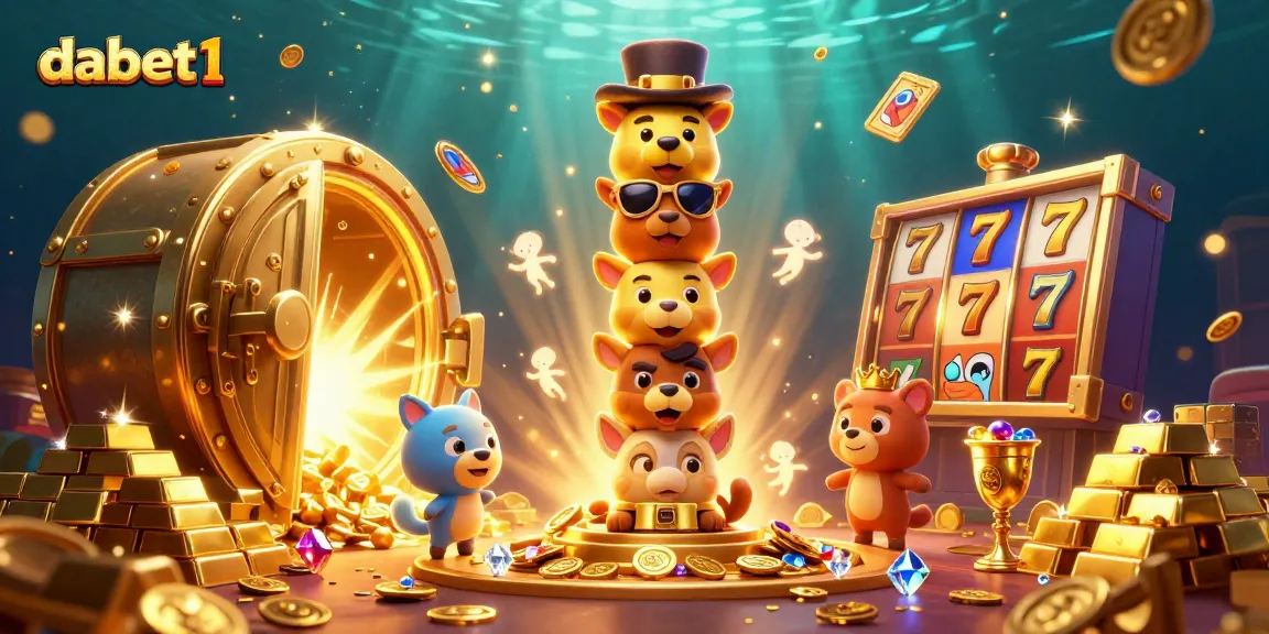 Experience the excitement of dabet1 with vibrant slot reels and golden treasures in a lively casino scene.