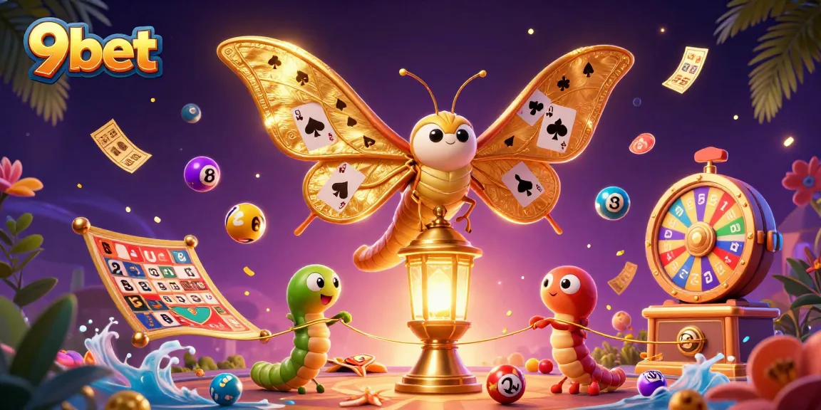 Engage with 9bet’s exciting atmosphere, featuring a vibrant casino scene with lottery balls and spirited characters.
