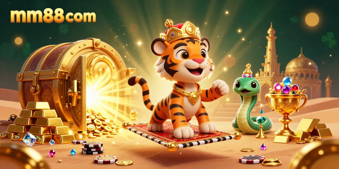 Experience exciting wins with mm88 com in this vibrant casino-themed illustration featuring a tiger sultan.