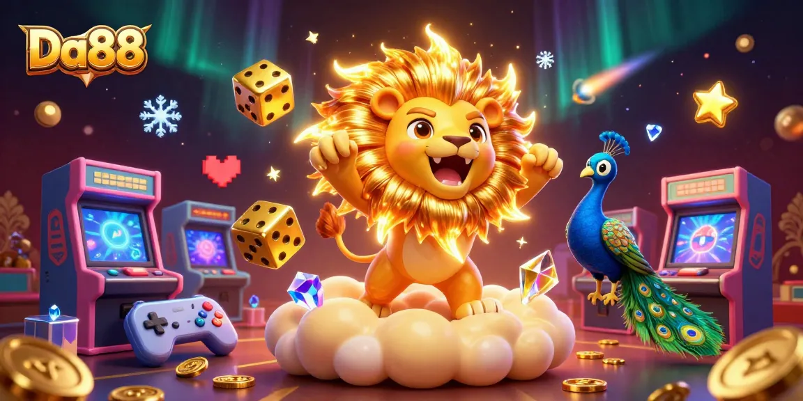 Experience Da88's vibrant gaming world with a roaring lion among colorful 3D casino elements.