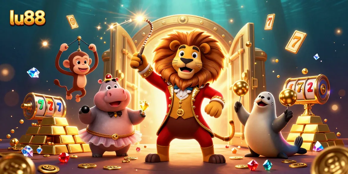 Engage with thrilling slots at lu88, featuring an exciting circus-themed 3D scene.