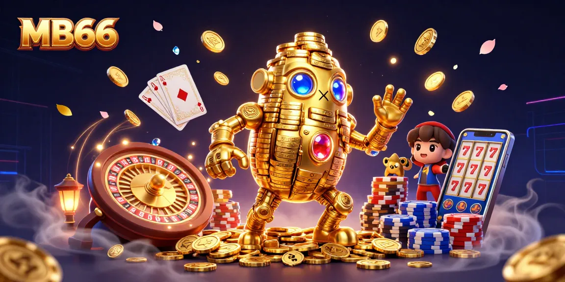 Engage with MB66's vibrant casino experience through this rich 3D illustration showcasing dynamic gaming elements.