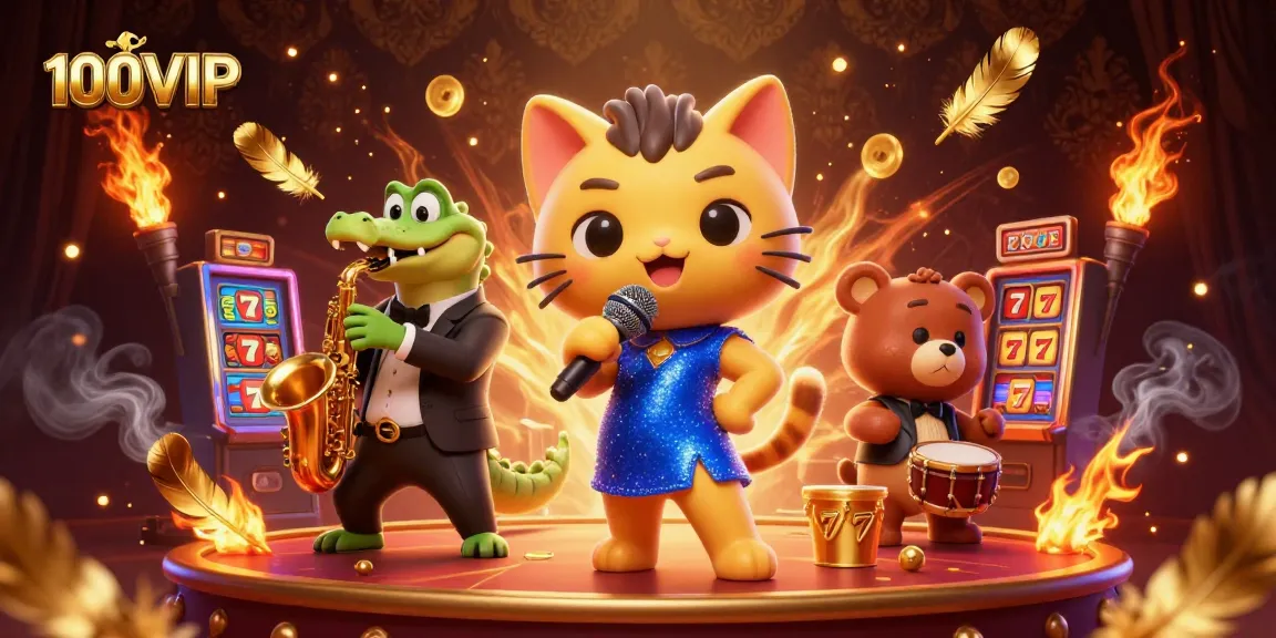Experience the vibrant entertainment of 100VIP with lively characters in a casino setting.