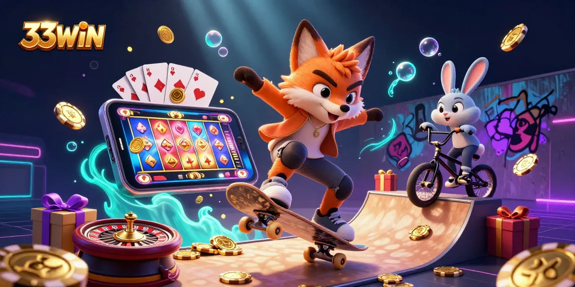 Engage with 33WIN as the cartoon skateboarder fox performs tricks over a ramp of poker chips.