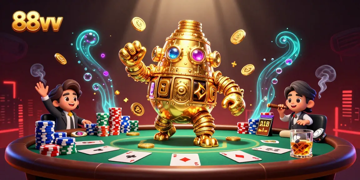 Experience the excitement of 88vv with a golden golem, poker table, and colorful chips in a dynamic scene.