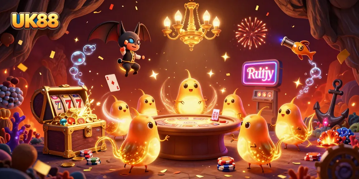 Experience UK88's vibrant casino atmosphere with glowworms and an upside-down bat dealer.