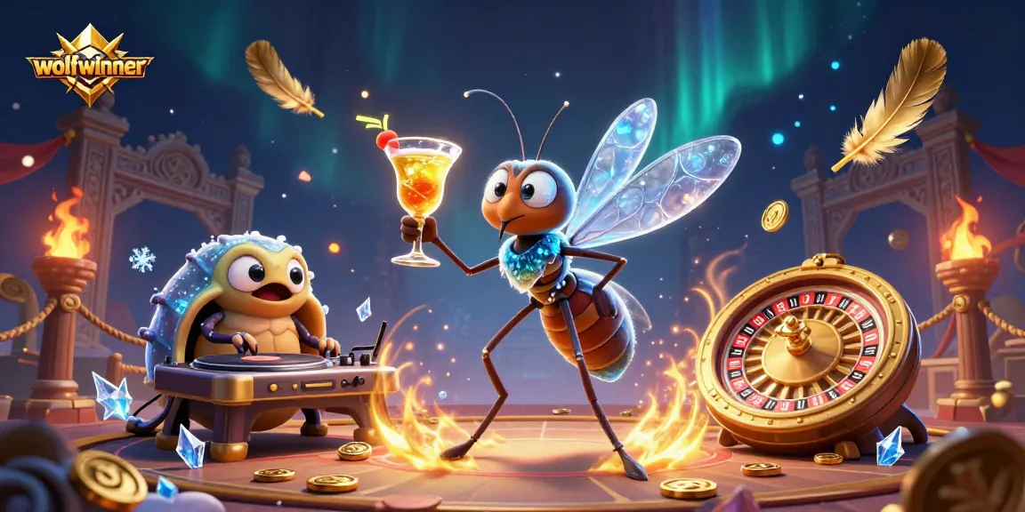 wolfwinner showcases a vibrant 3D casino scene with a mosquito mascot, trilobite DJ, and golden roulette elements.