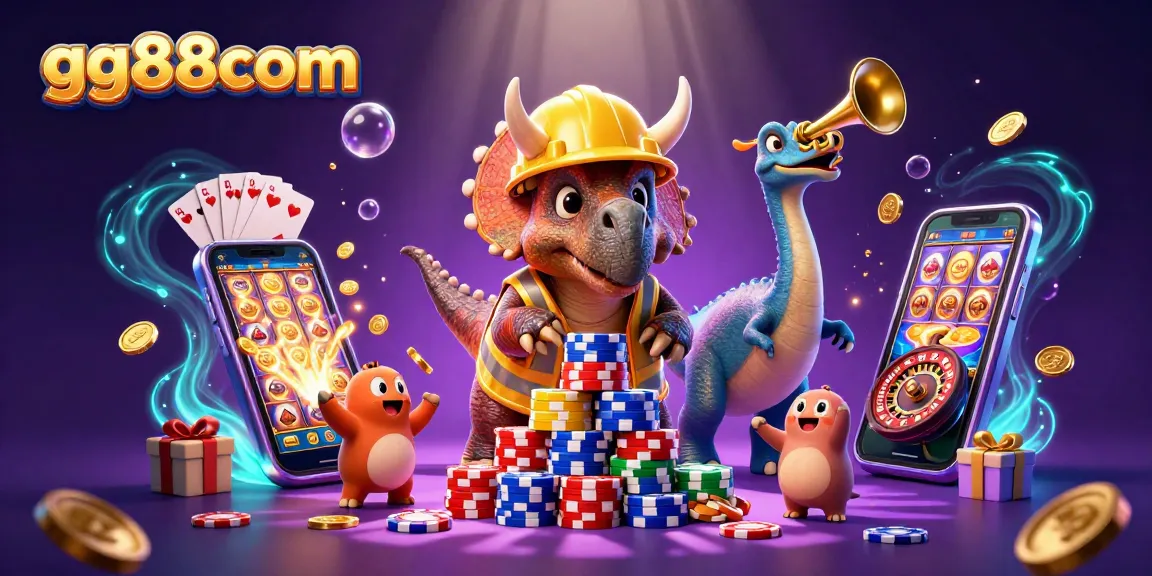 Engage with exciting games at gg88com with a vivid casino scene featuring lively characters and game elements.
